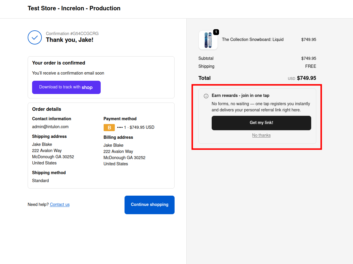 Post-purchase affiliate signup widget on the Shopify thank-you page — one-tap enrollment with no forms or waiting